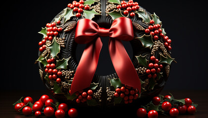 Poster - Christmas ornament, shiny decor, holly wreath, berry fruit generated by AI