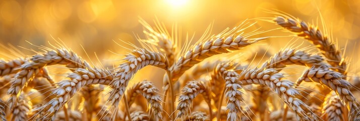 Wall Mural - Ripe golden wheat ears in sunlit field on a summer day with sun flare during harvesting season.