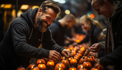 Poster - Group of people smiling, celebrating Halloween outdoors generated by AI