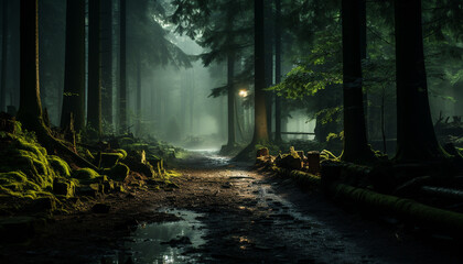 Poster - Mysterious forest, dark night, spooky autumn beauty generated by AI