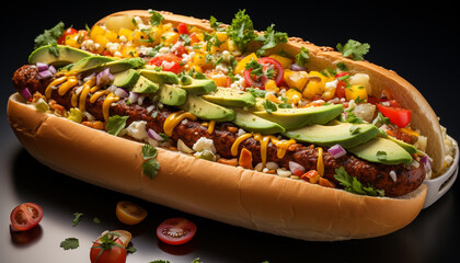 Sticker - Grilled beef sandwich with fresh vegetables, served on a plate generated by AI