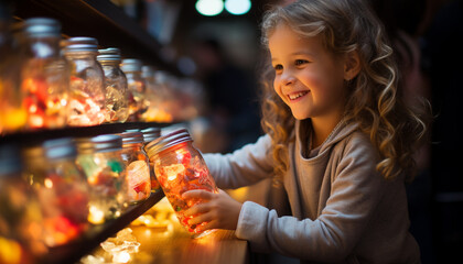 Canvas Print - Smiling girl enjoys Christmas lights and drinks fruit generated by AI