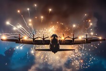 A Military Aircraft Releases Flares In A Dazzling Display Of Lights Against The Twilight Sky,