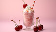 Fresh strawberry milkshake on pink table, a summer indulgence generated by AI