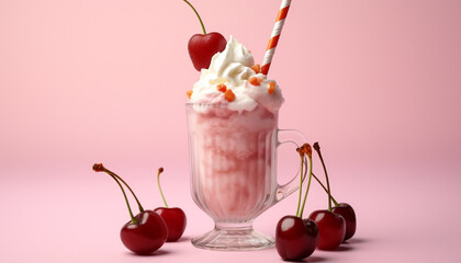 Poster - Fresh strawberry milkshake on pink table, a summer indulgence generated by AI