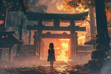 Girl Standing In Front Of A Temple, With A Traditional Japanese Gate In The Background