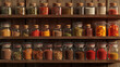 A neatly organized collection of colorful spices in glass jars arranged on a rustic kitchen shelf