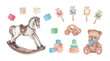 © salix.alba - Large set of retro baby toys hand drawn. Watercolour illustration of teddy bear, wooden rocking horses, cars