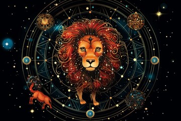 Wall Mural - Vector leo zodiac sign shining in red isolated on black background, astrology symbol design