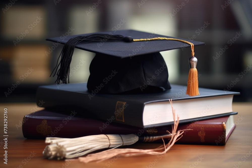 Graduation cap and tassel neatly placed on top of hardbound books on a ...
