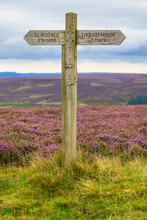 North Yorkshire Moors, Signpost To Glaisdale And Trough House, Part Of The Coast To Coast Long Distance Walk.  North Yorkshire, UK.  Horizontal. Copy Space