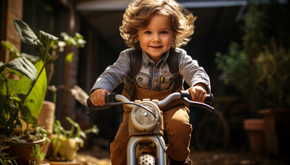 Canvas Print - Smiling Caucasian boy enjoying outdoor bicycle adventure generated by AI