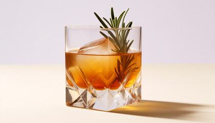 Wall Mural - Refreshing cocktail with whiskey, ice, lemon, and orange garnish generated by AI
