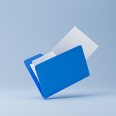 Blue computer folder with flying blank documents isolated over blue background. 3d rendering.