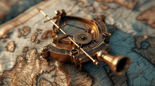 A Tarnished Brass Sextant Placed On A Nautical Chart, Reflecting A History Of Maritime Navigation