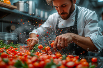 Wall Mural - A focused chef skillfully chopping fresh vegetables in a bustling restaurant kitchen. Concept of culinary expertise and gastronomy. Generative Ai.