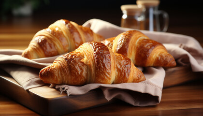 Poster - Freshly baked croissant on wooden table, a delightful French breakfast generated by AI