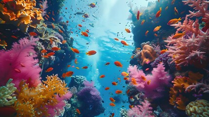 Wall Mural - a vibrant underwater scene depicting colorful coral reefs, tropical fish, and a diver exploring the depths.