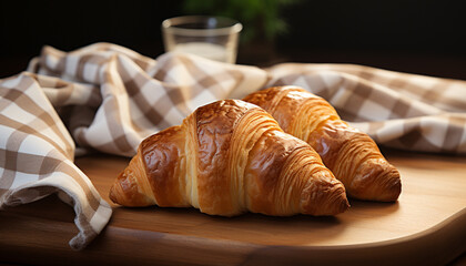 Poster - Freshly baked croissant on wooden table, a French gourmet delight generated by AI