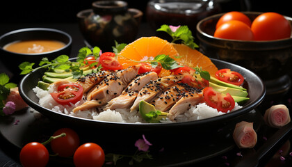 Sticker - Grilled meat and vegetable plate, healthy eating with freshness generated by AI