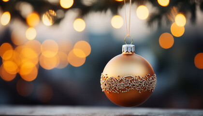 Sticker - Shiny Christmas ornament hanging on dark tree, glowing with gold generated by AI