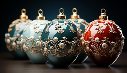 Wall Mural - Christmas ornaments in gold, blue, and yellow decorate the tree generated by AI