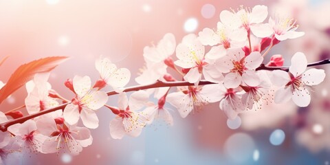 Wall Mural - abstract blooming pink cherry branch on a light background. Generative AI