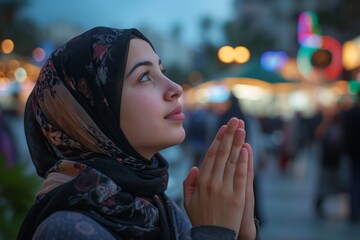 Poster - A young woman in a vibrant city square at dusk, finding a moment for prayer amidst the hustle and bustle of urban life.