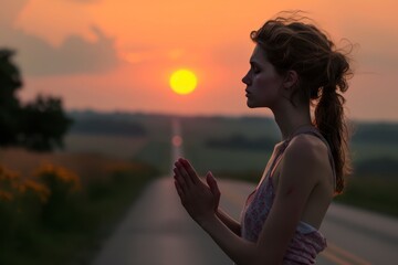 Wall Mural - A young woman on a quiet country road, praying as the sun sets, symbolizing a journey of faith and the search for direction.