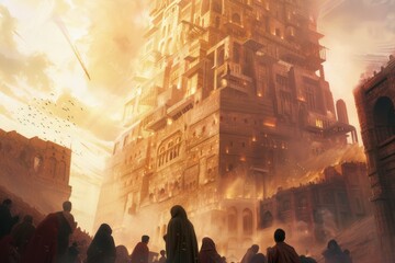 An atmospheric depiction of the Tower of Babel with people speaking different languages, showcasing the diversity of humanity and the origin of cultures.