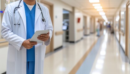 Poster - Doctor using tablet to interact with virtual screen in hospital with copy space on white background