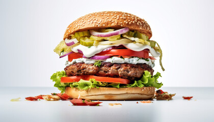 Canvas Print - Grilled gourmet burger with cheese, tomato, and onion on bun generated by AI