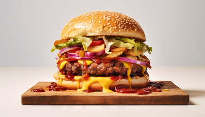 Wall Mural - Grilled gourmet cheeseburger on a homemade bun with fresh vegetables generated by AI