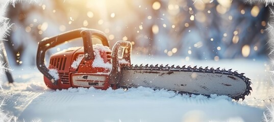 Close up of construction worker using portable gasoline chainsaw to cut trees, with space for text.