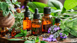 Aromatic Journey Through Nature: Bottles of Essential Oils Amidst a Medley of Fresh Herbs and Flowers