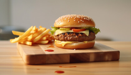 Wall Mural - Gourmet cheeseburger meal on wooden table, unhealthy but delicious generated by AI