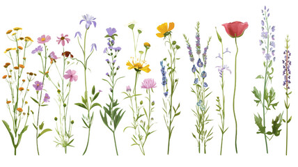 diverse and varied field wild natural flowers isolated and separated on transparent background. full