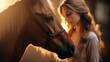 Woman and horse share a serene moment at dusk. Concept of human-animal bond, equine therapy, animal empathy, tranquility, and the beauty of nature.