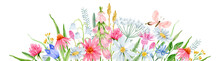 Watercolor Wildflower Banner With Fox Glove, Chamomile, Coneflower, Lily Of The Valley, Bluebell, Clover And Butterfly