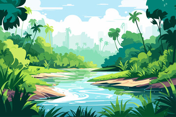 Wall Mural - pristine natural landscape with winding river and rolling mountains