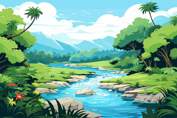 Wall Mural - pristine natural landscape with winding river and rolling mountains