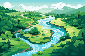 Wall Mural - pristine natural landscape with winding river and rolling mountains