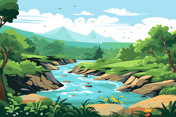Wall Mural - pristine natural landscape with winding river and rolling mountains