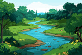 Fototapeta  - Landscape Vector Illustration of River and Mountains 