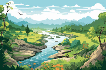 Wall Mural - landscape vector illustration of river and mountains