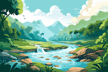 Wall Mural - landscape vector illustration of river and mountains