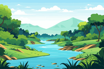 Wall Mural - Landscape Vector Illustration of River and Mountains 