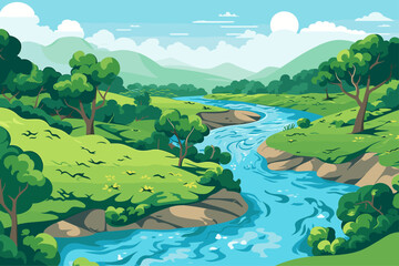 Wall Mural - landscape vector illustration of river and mountains