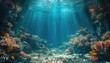 Underwater view of coral reef with fishes and rays of light. wallpaper, banner, copy space