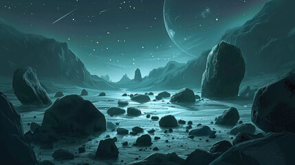 Wall Mural - Painting depicting rocky landscape with serene moon in sky. Perfect for adding touch of tranquility to any space